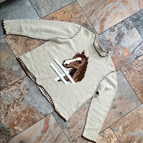 Shyanne Sweaters - Cream and Brown Crew Neck Sweater with Horse Design